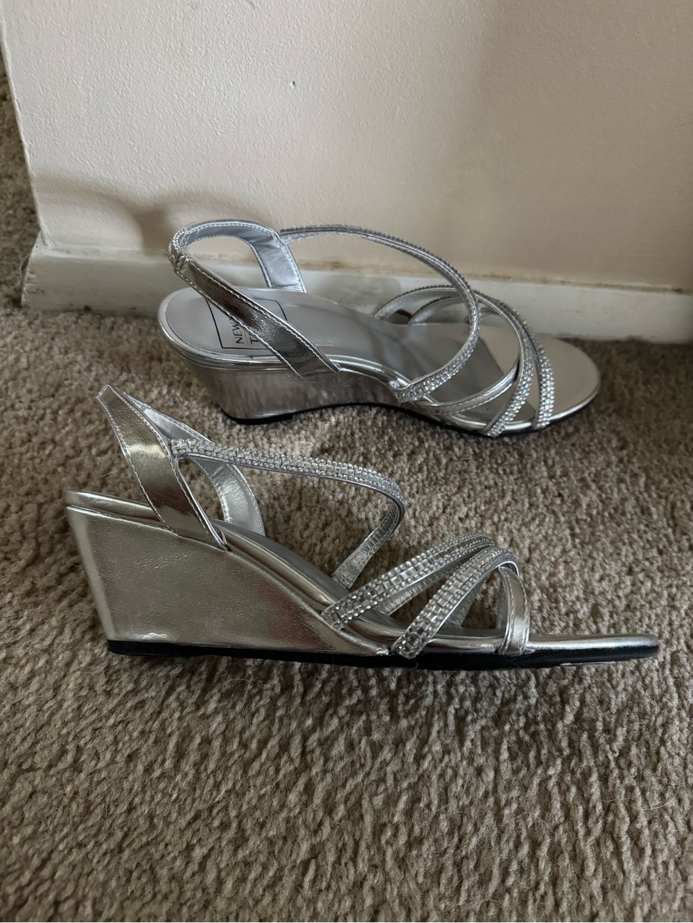 New York Transit Metallic Silver Rhinestone Slingback Wedge Sandals - 2 in wedge - Picture 2 of 5
